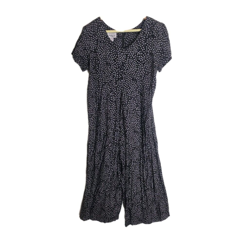 Vintage Rafael Jumpsuit Wide Leg Cropped Pleated Black Speckle Print Women Small